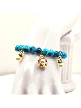Turquoise Color, Faux Pearl Bracelet, Coastal Charm Bracelet, Beach Jewelry Gift